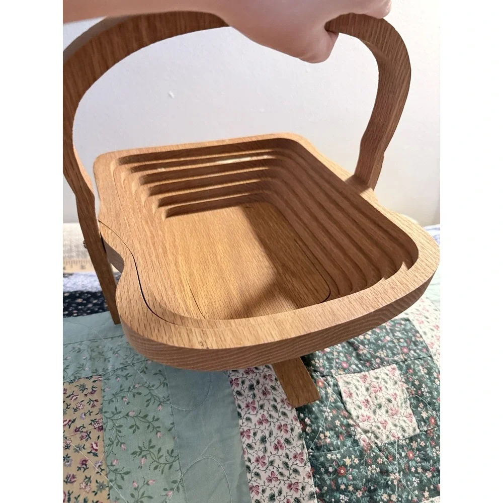 Folding Collapsible Decorative Wooden Fruit Bowl Basket trivet Signed